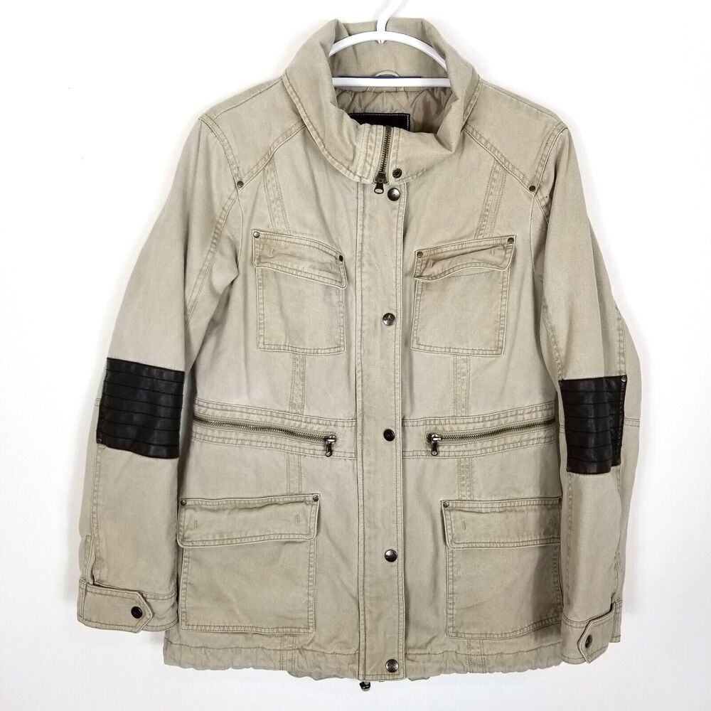 BNCI Women Utility Cargo‎ High Collar Jacket Size L Gray Pockets Zipper Cotton